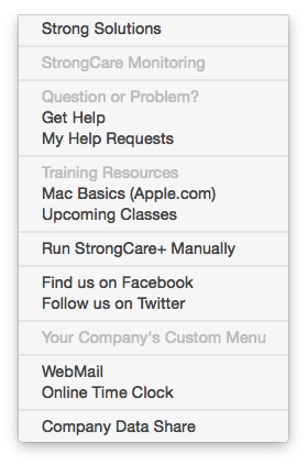 StrongCare Menu with Custom Company Links