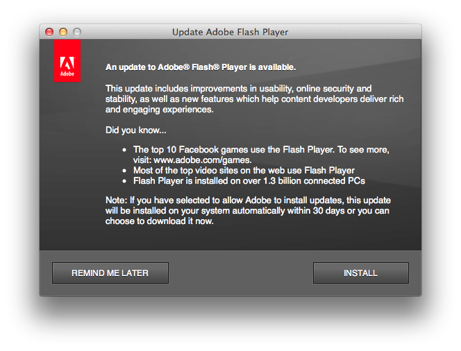 Adobe Flash Upgrade Dialog